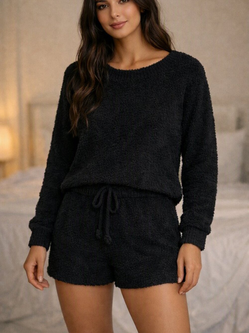 Cozy Plush Women's Drawstring Shorts and top lounge set — Black